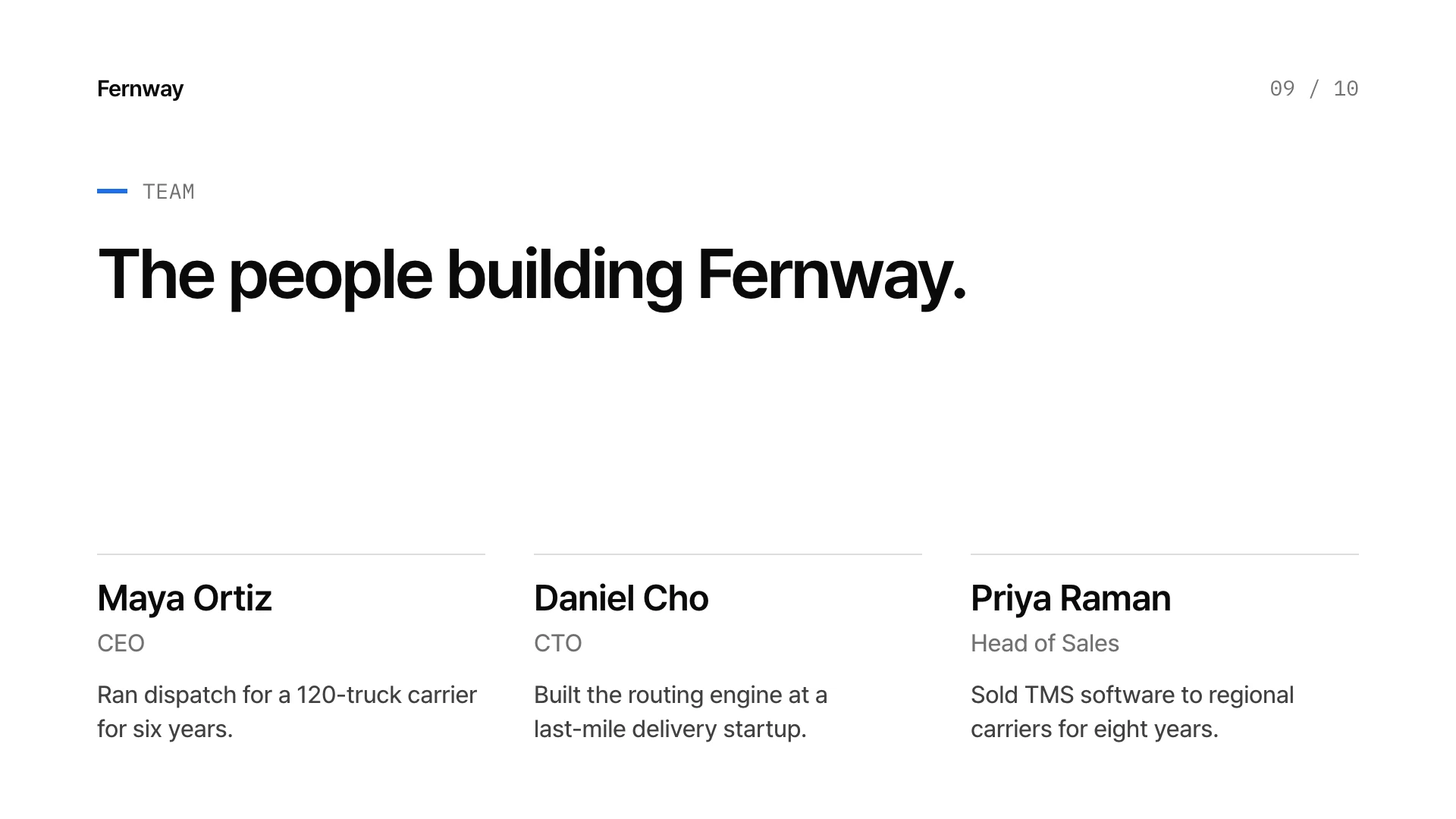 타입 시그널 피치덱 9장 팀 — 예시 회사 Fernway(가상)