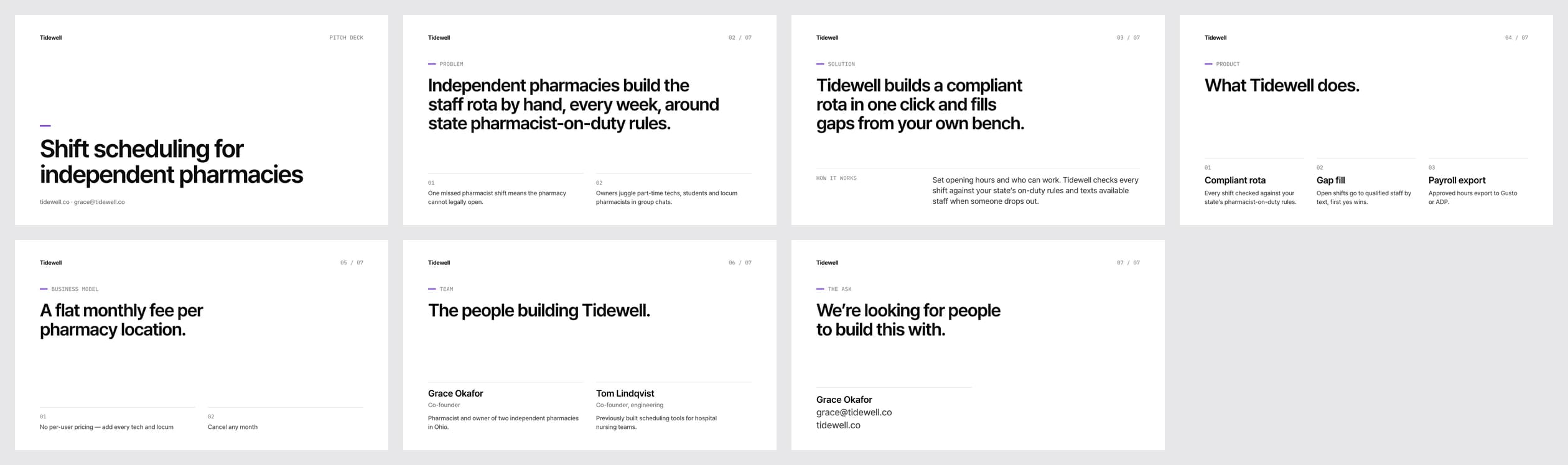 타입 시그널 피치덱 레시피로 만든 덱 7장 모아 보기 — 예시 회사 Tidewell(가상)