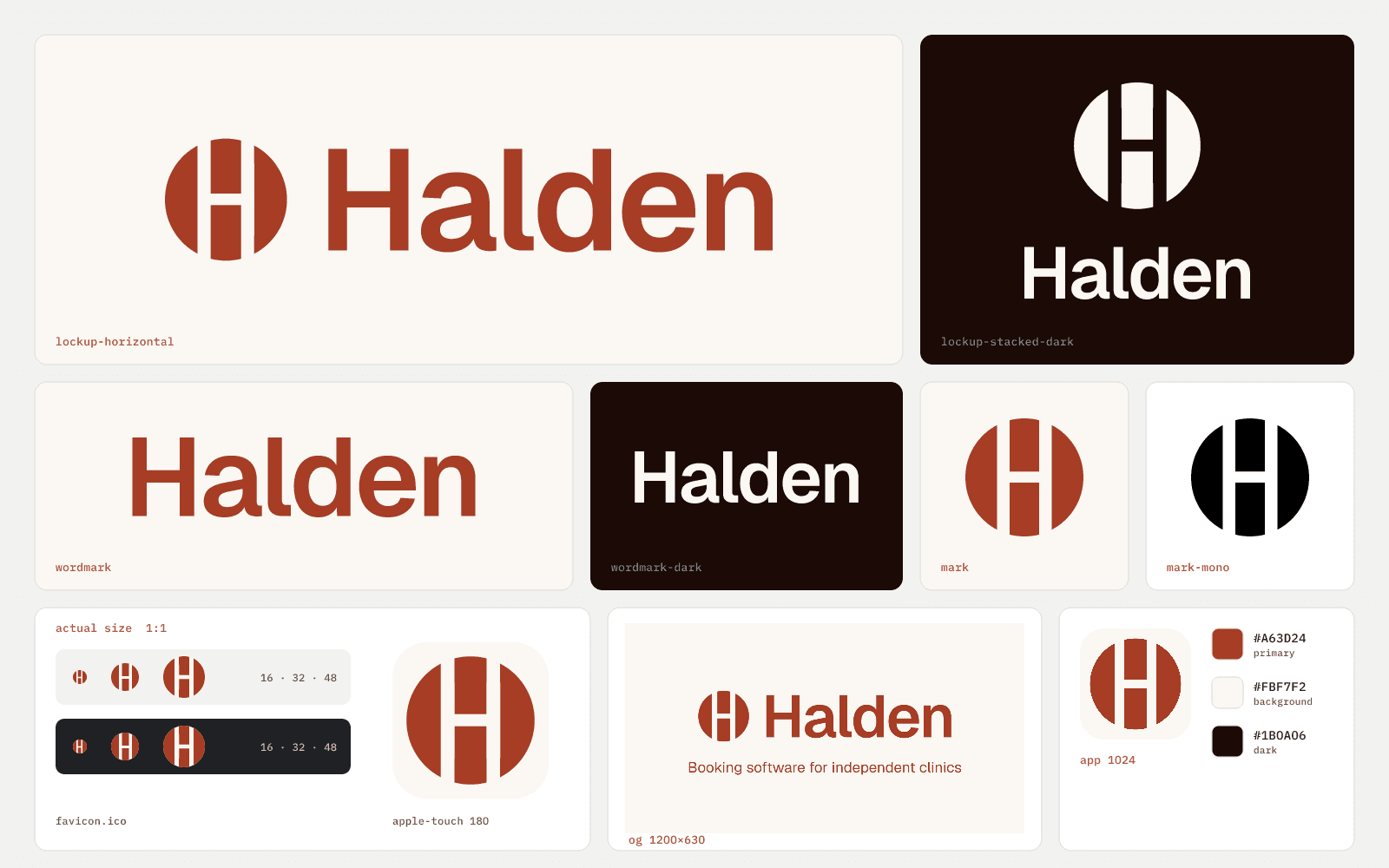 로고 키트 · 기하 모노그램 레시피로 그린 브랜드 시트 — 가상 브랜드 Halden