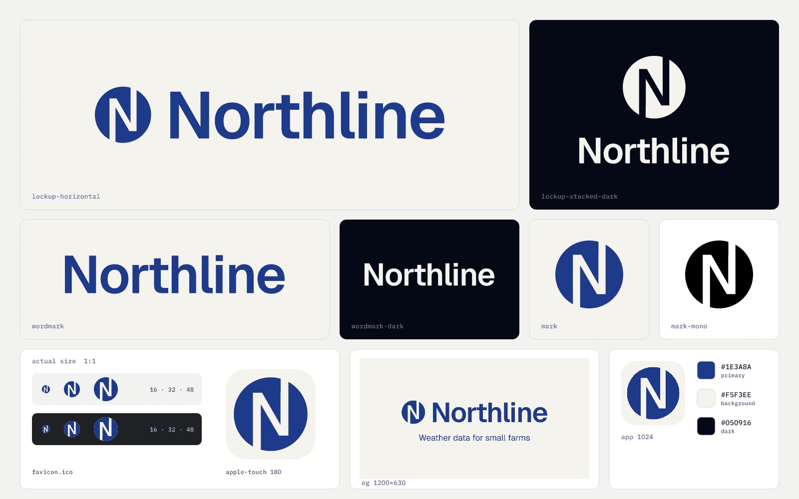 로고 키트 · 기하 모노그램 레시피로 그린 브랜드 시트 — 가상 브랜드 Northline