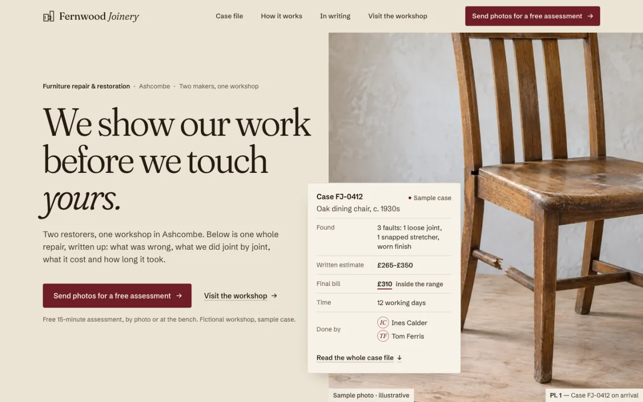 Fernwood Joinery 랜딩 페이지 첫 화면